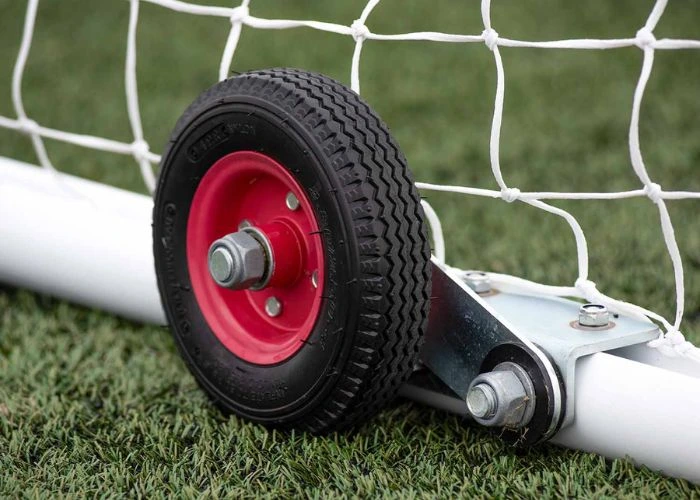 A close up shot of Abel Sports portable soccer wheels with 360 degree moveability