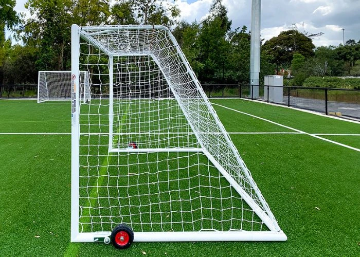 Abel Sports portable soccer goals with 360 degree wheels attached for easy movement