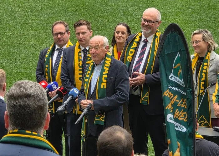 John Cann, General Manager and Director of Abel speaks to the press beneath the MCG footy posts